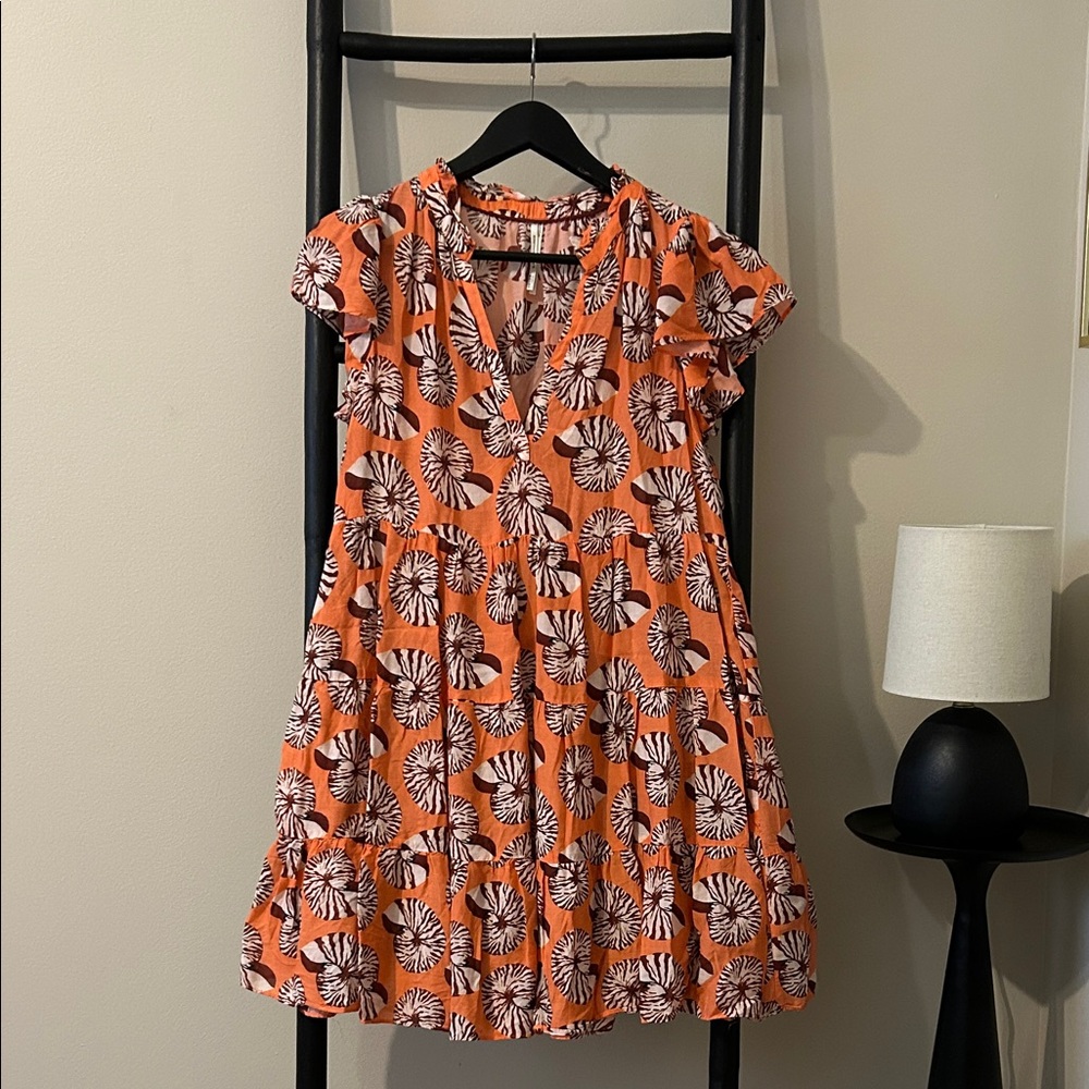 ANTHROPOLOGIE Women's Flutter Sleeve V-Neck Tiered Dress - Orange Seashell